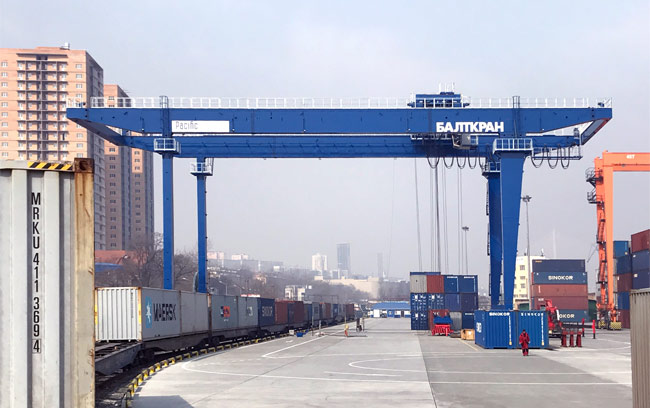 Container crane in the seaport of Vladivostok for Pacific Logistics